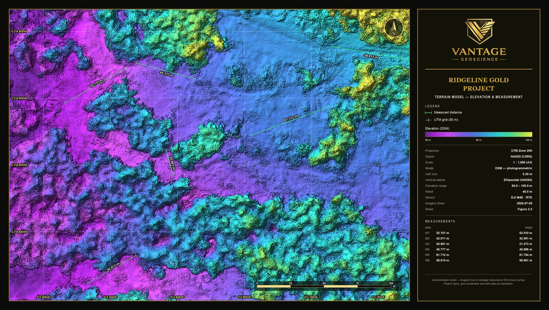 Terrain model sheet — hillshaded elevation surface with measured distances