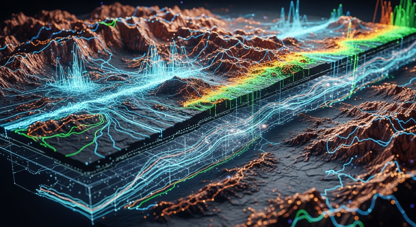 3D terrain data visualization with contour lines and targeting overlays
