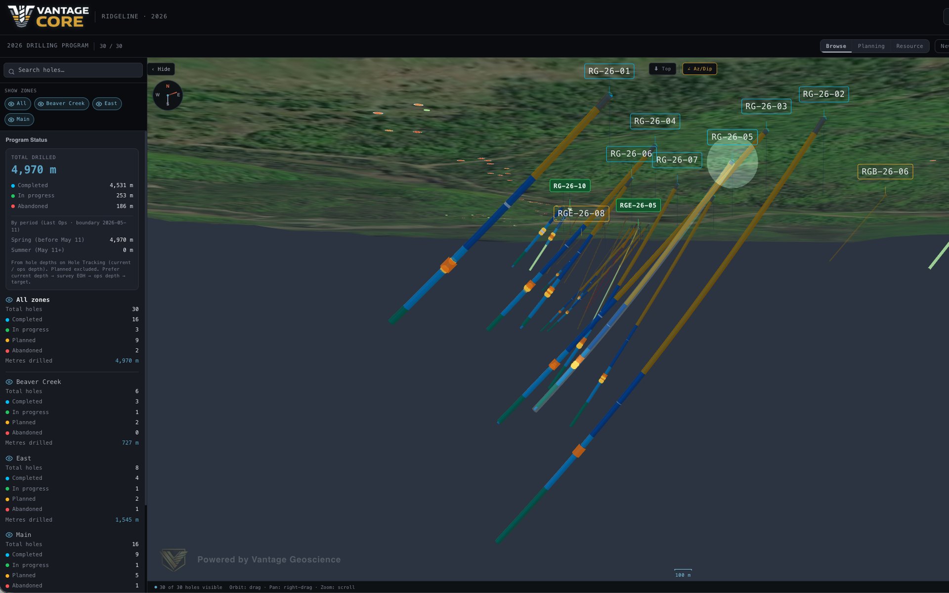 Vantage Core 3D view — hole traces with lithology, draped over the site imagery