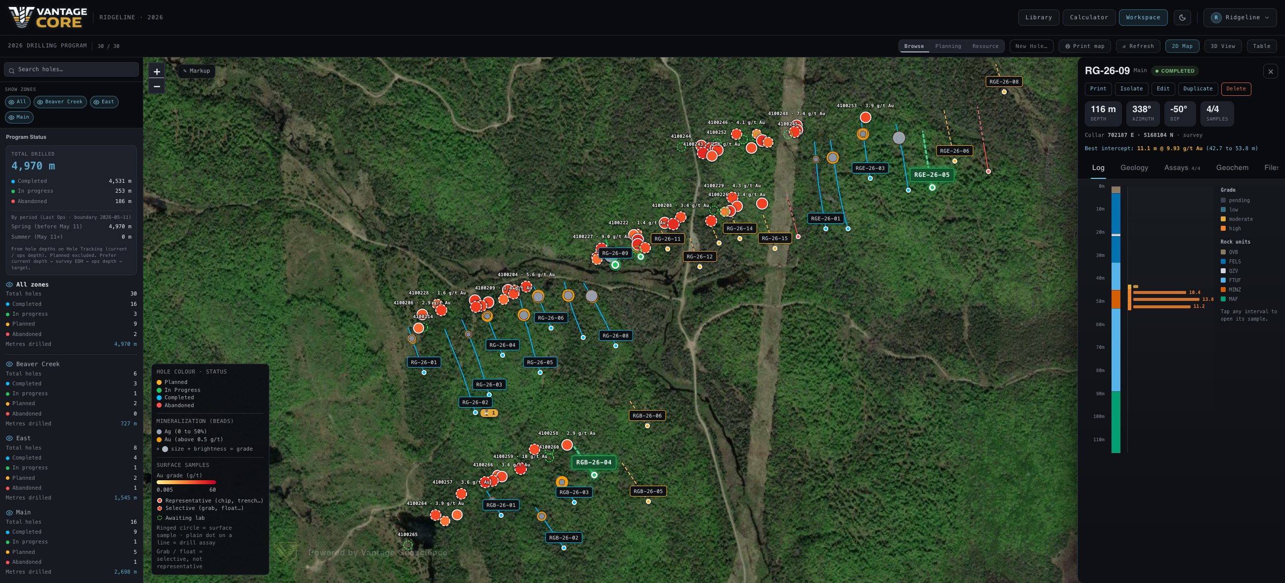 Vantage Core 2D program map — every collar on the survey imagery, coloured by status, with a hole record open